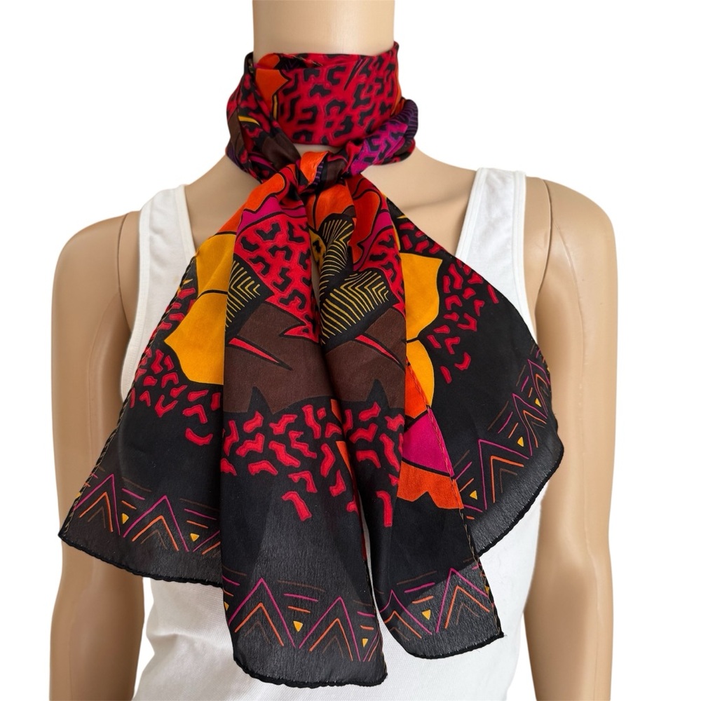 Vintage Tomato Red Black Bright Yellow Silk Oblong Scarf Hawaiian Floral Print - Picture 1 of 9
